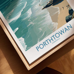 Porthtowan Cornwall Poster | British Seaside Cliff Landscape Canvas Print displayed in a wooden frame.