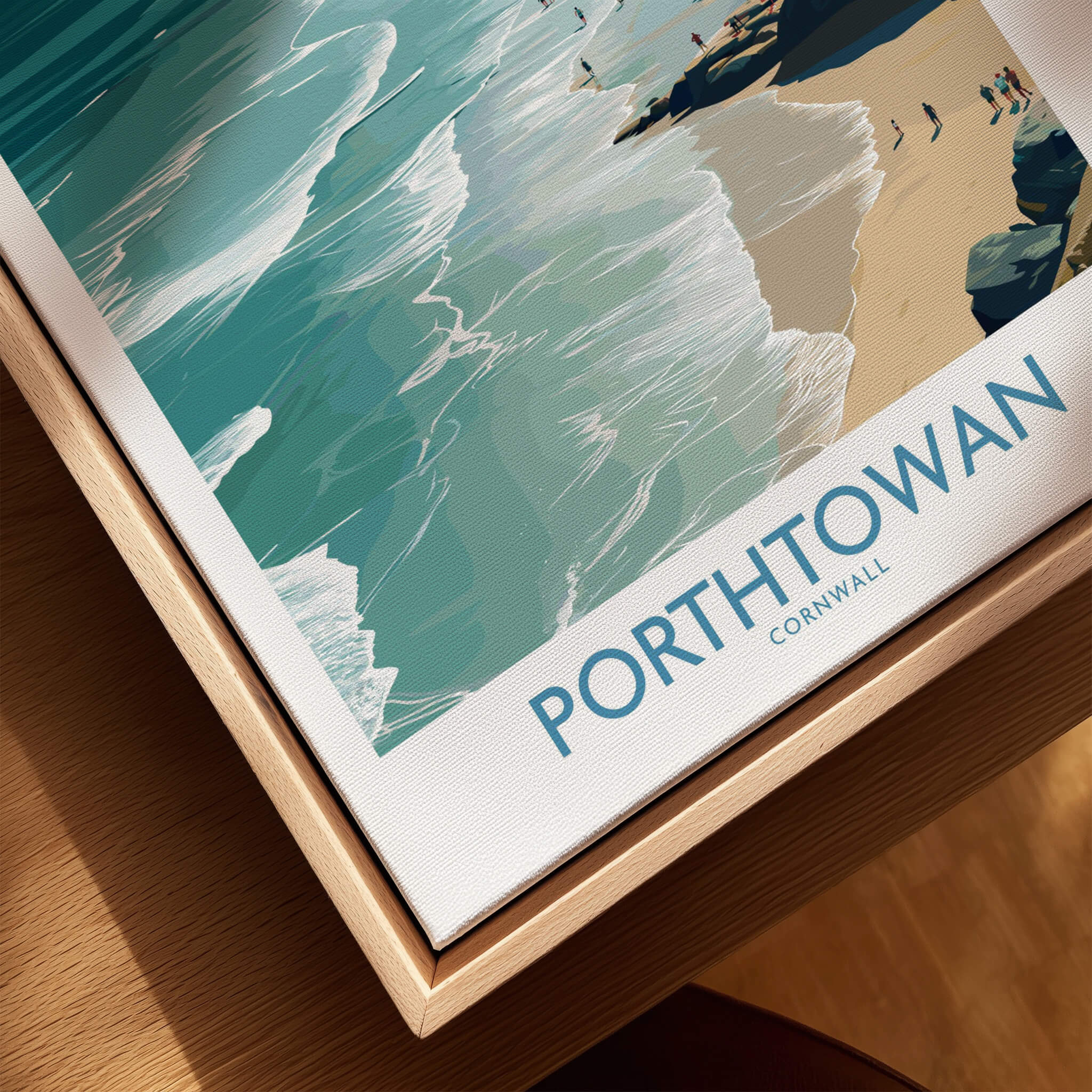 Porthtowan Cornwall Poster | British Seaside Cliff Landscape Canvas Print displayed in a wooden frame.