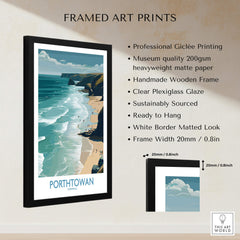 Porthtowan Cornwall Poster | British Seaside Cliff Landscape Canvas Print framed art print with details.