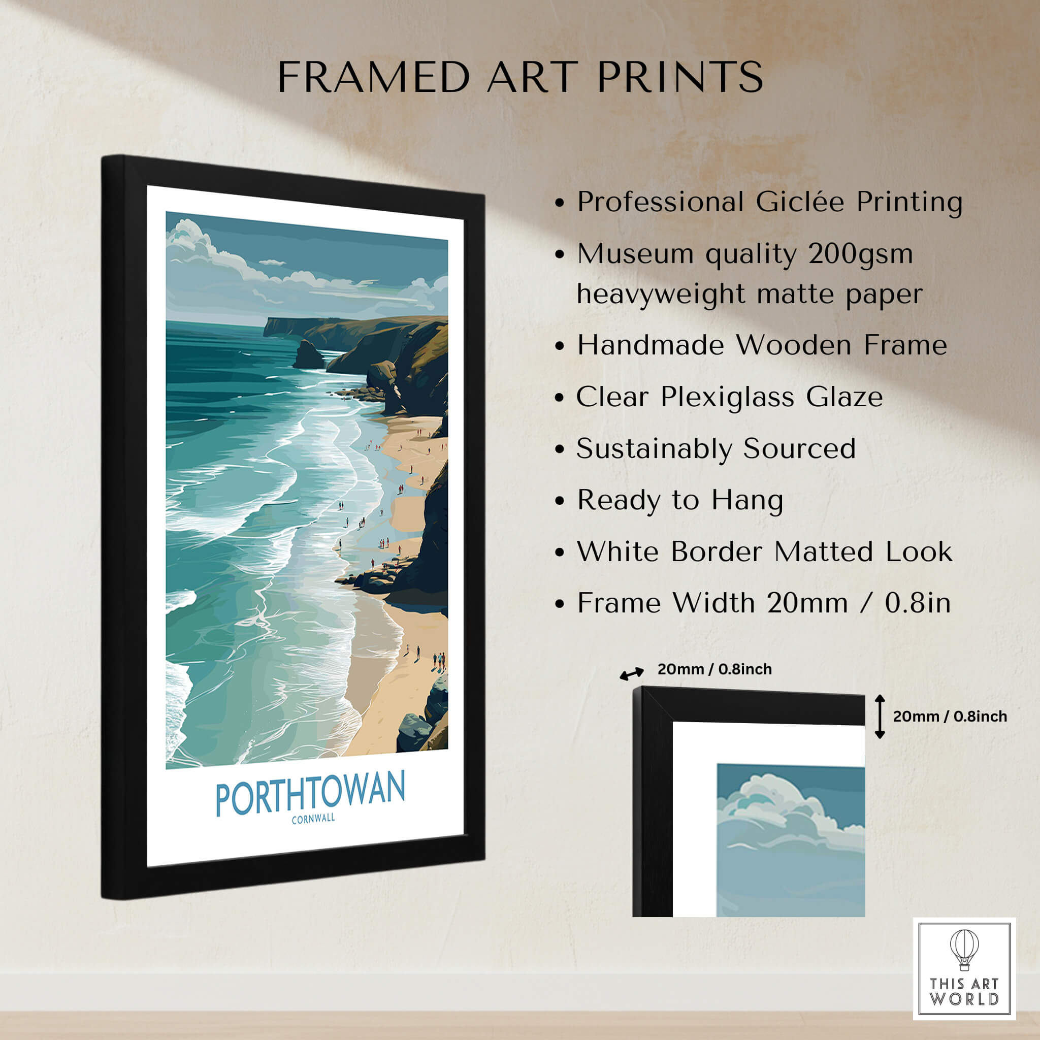 Porthtowan Cornwall Poster | British Seaside Cliff Landscape Canvas Print framed art print with details.