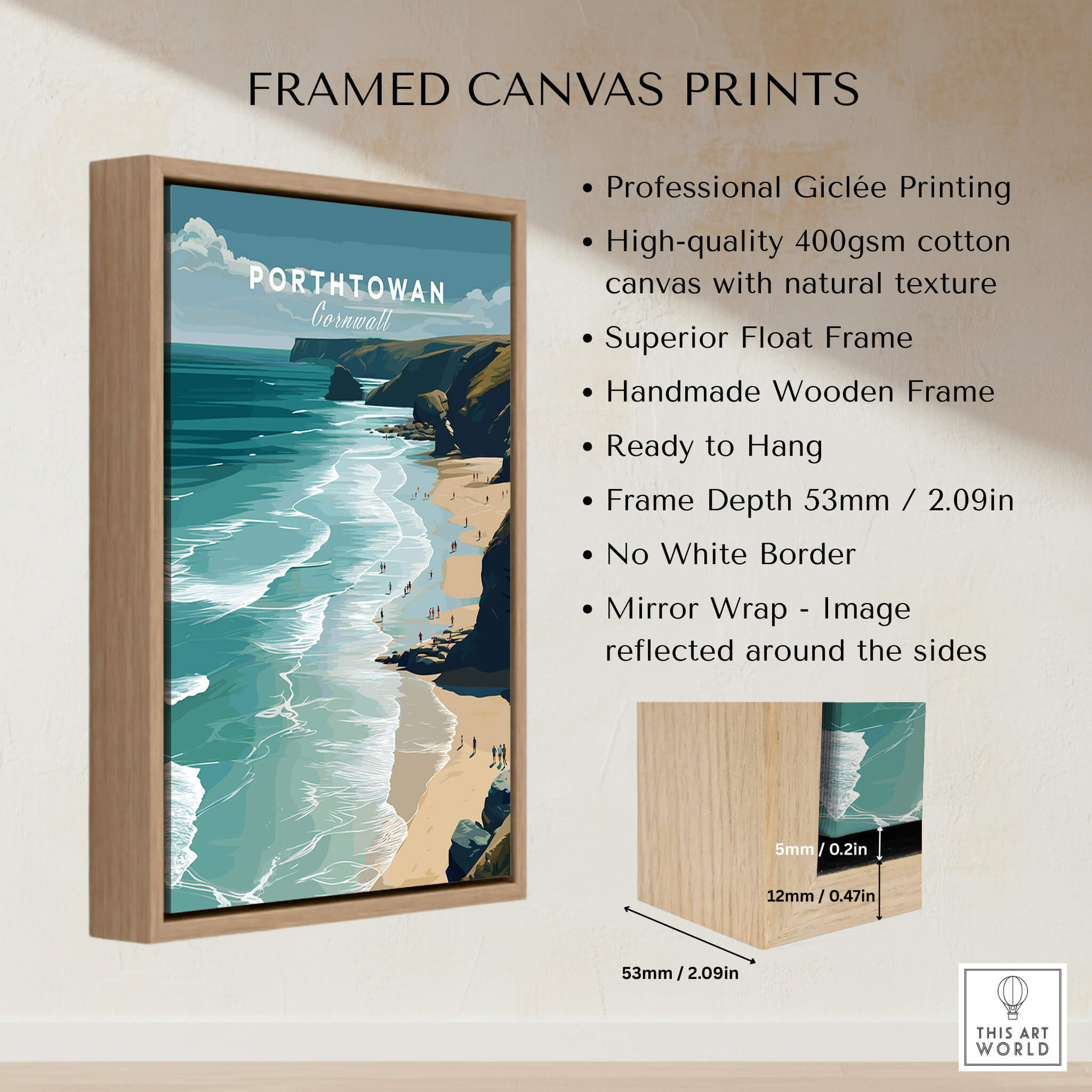 Porthtowan Cornwall Wall Art Print | Atlantic Coastline Beach Travel Poster framed canvas print with ocean view.