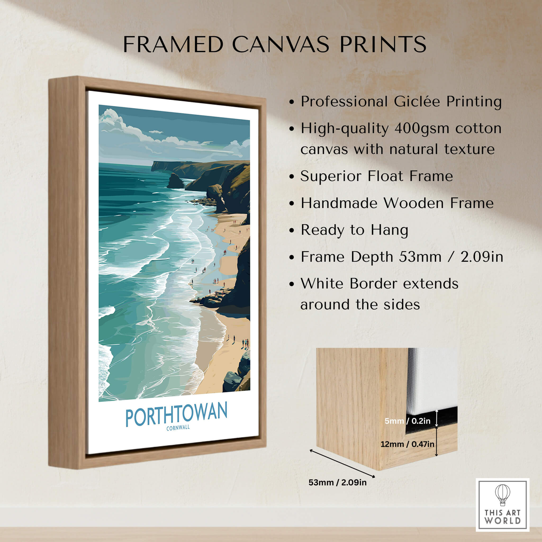 Porthtowan Cornwall Poster | British Seaside Cliff Landscape Canvas Print displayed in a professional wooden frame.