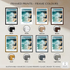 Porthtowan Cornwall Poster | British Seaside Cliff Landscape Canvas Print displayed in various frame colors.