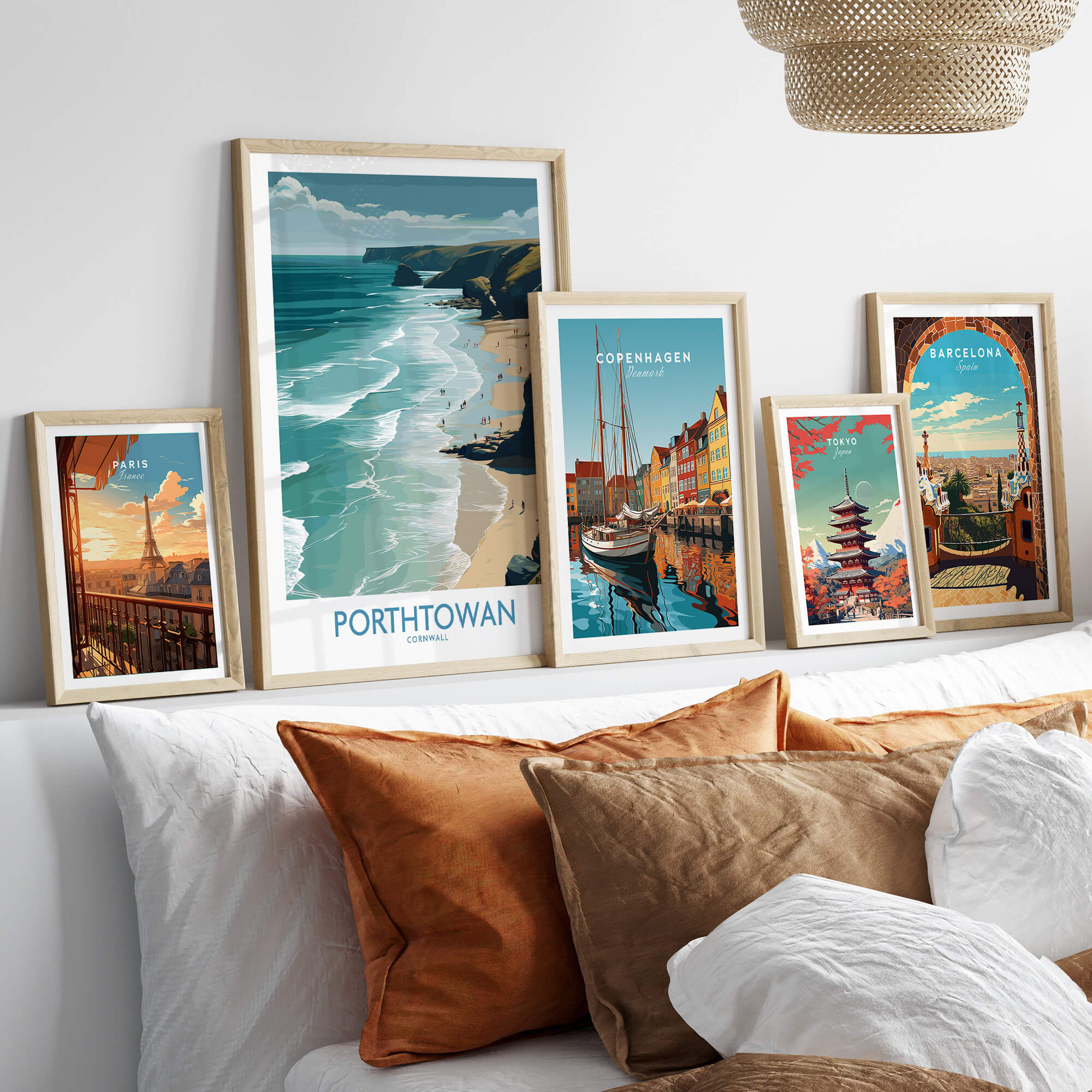 Porthtowan Cornwall Poster | British Seaside Cliff Landscape Canvas Print displayed among framed travel posters.