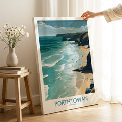 Porthtowan Cornwall Poster | British Seaside Cliff Landscape Canvas Print showcased against a bright indoor setting.