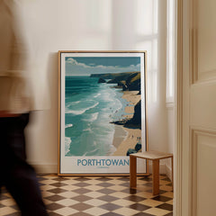 Porthtowan Cornwall Poster | British Seaside Cliff Landscape Canvas Print displayed in a stylish interior setting.