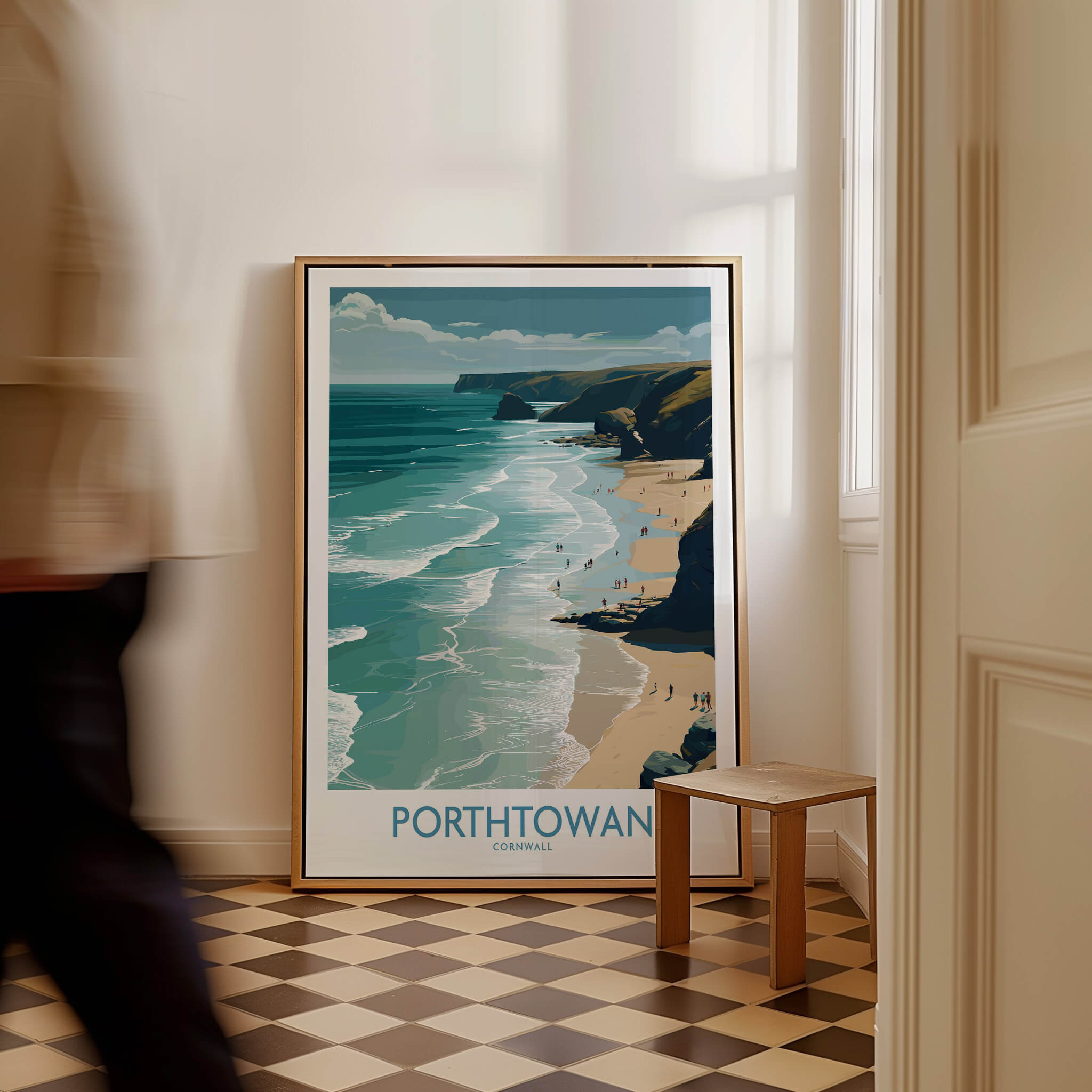 Porthtowan Cornwall Poster | British Seaside Cliff Landscape Canvas Print displayed in a stylish interior setting.