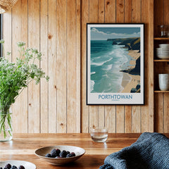Porthtowan Cornwall Poster | British Seaside Cliff Landscape Canvas Print in a cozy interior setting.