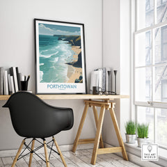 Porthtowan Cornwall Poster | British Seaside Cliff Landscape Canvas Print displayed in a modern workspace.