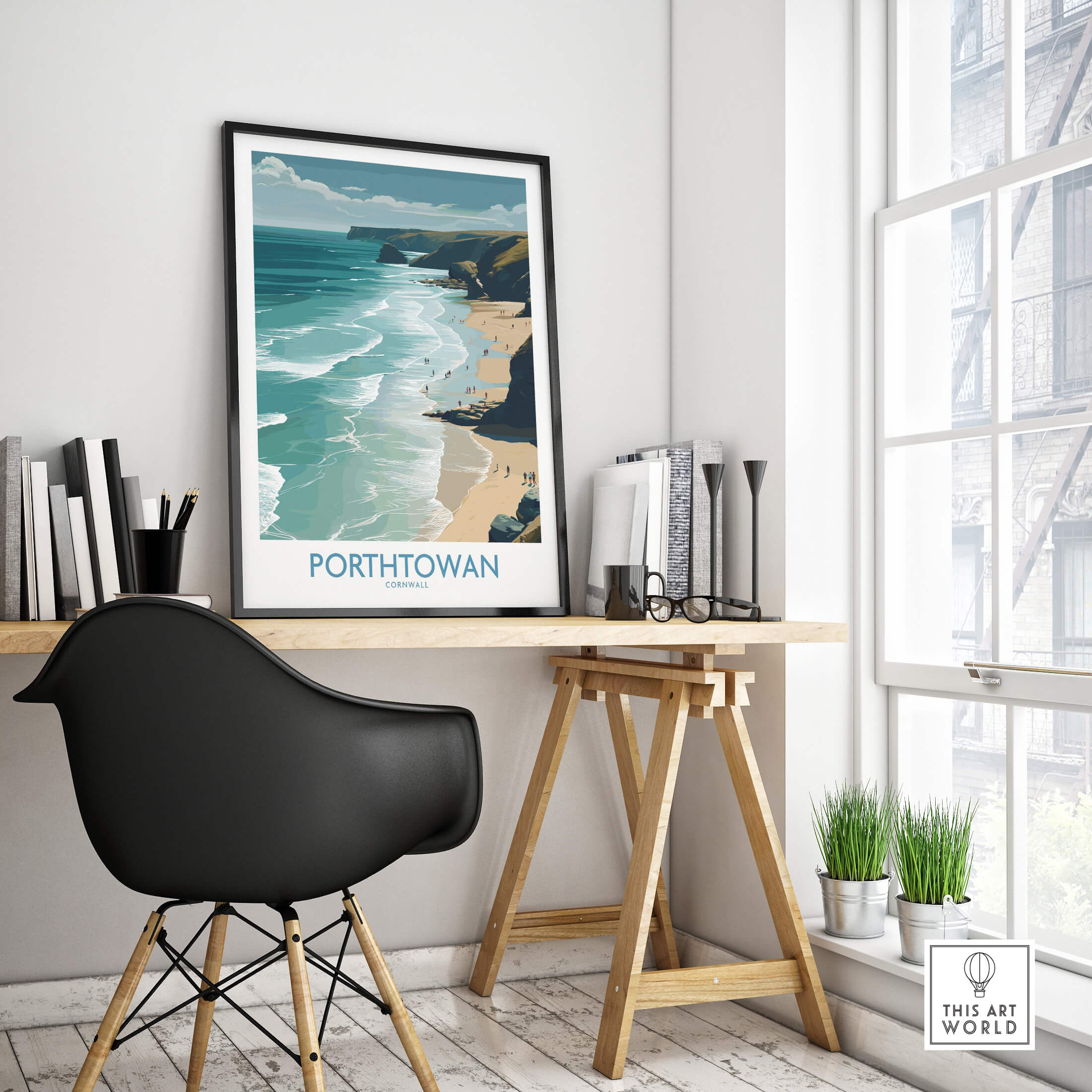 Porthtowan Cornwall Poster | British Seaside Cliff Landscape Canvas Print displayed in a modern workspace.