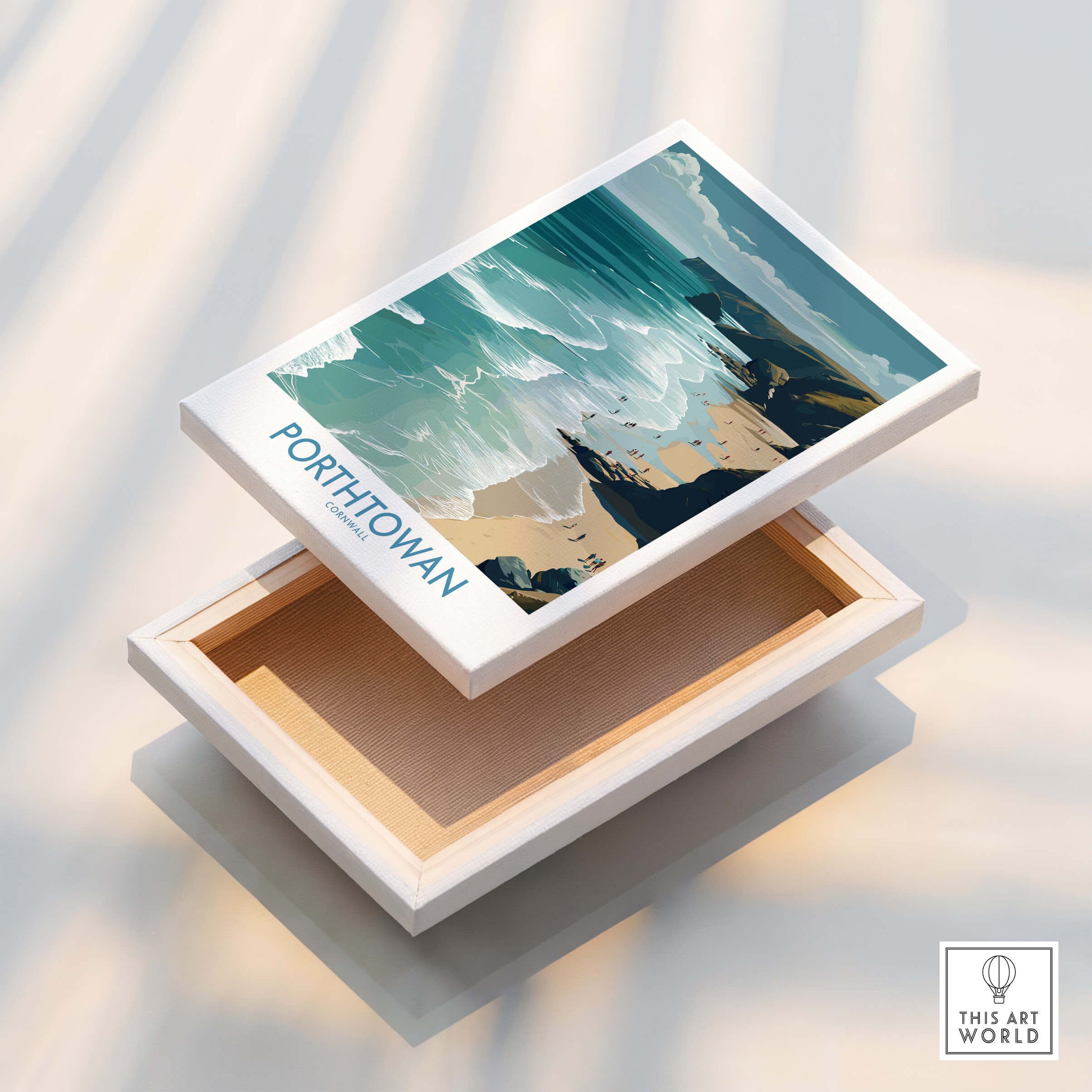 Porthtowan Cornwall Poster | British Seaside Cliff Landscape Canvas Print displayed on a wooden box, showcasing coastal art.