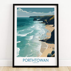 Porthtowan Cornwall Poster | British Seaside Cliff Landscape Canvas Print showcasing the rugged shoreline and cliffs.