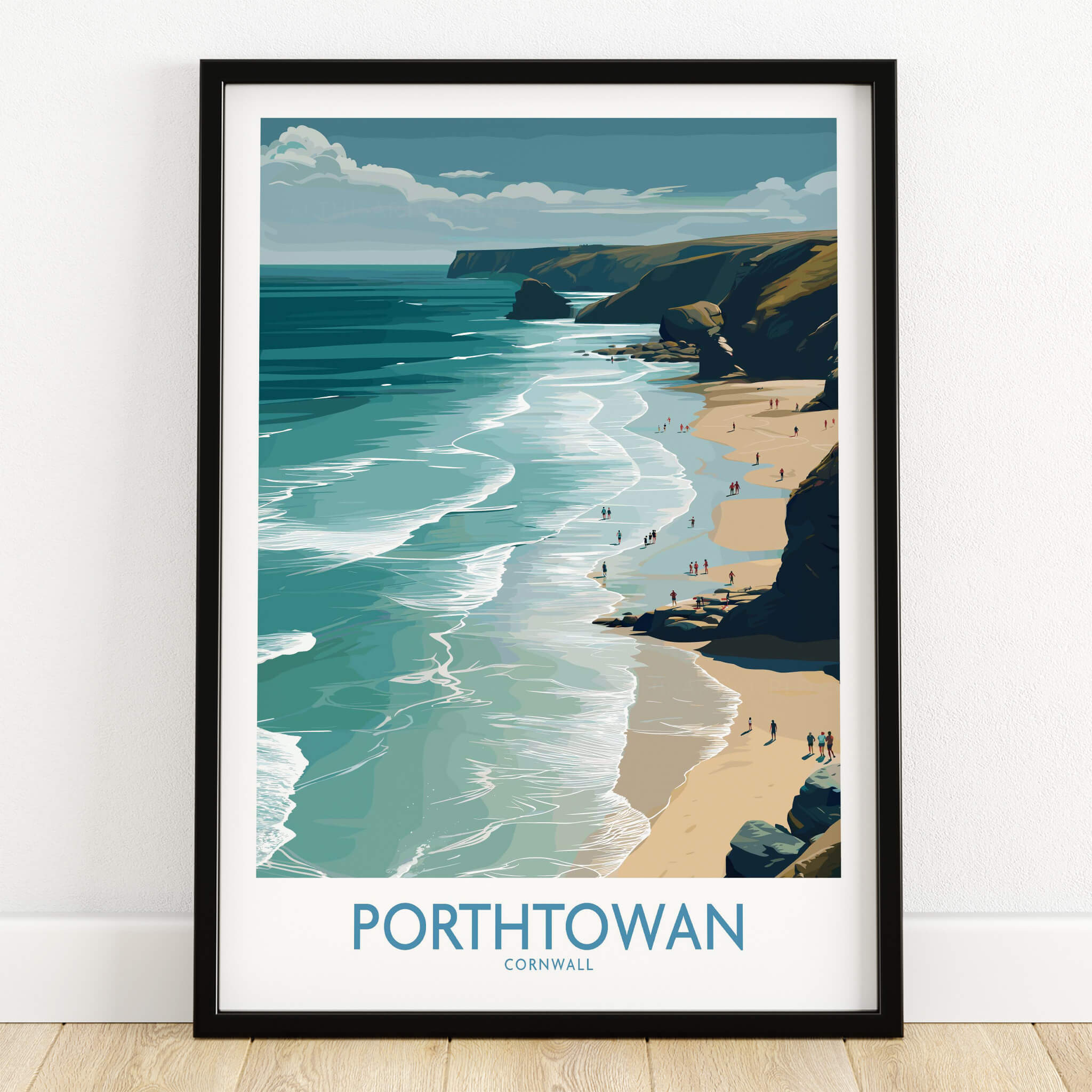Porthtowan Cornwall Poster | British Seaside Cliff Landscape Canvas Print showcasing the rugged shoreline and cliffs.