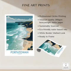 Porthtowan Cornwall Poster | British Seaside Cliff Landscape Canvas Print showcasing cliffs and beach views in vibrant colors.