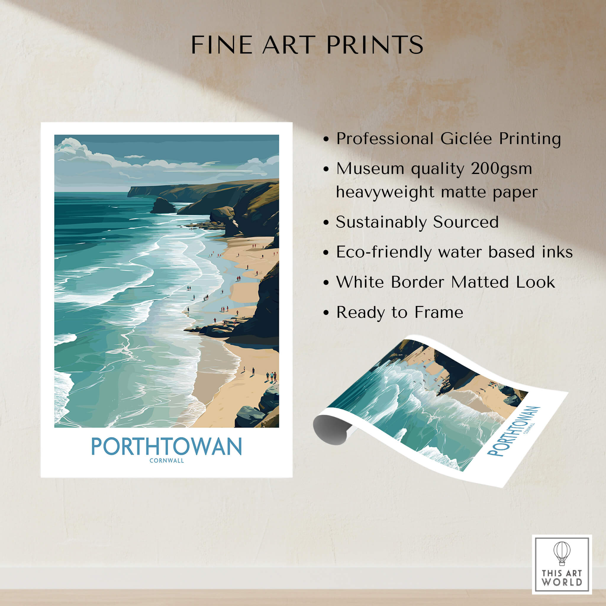Porthtowan Cornwall Poster | British Seaside Cliff Landscape Canvas Print showcasing cliffs and beach views in vibrant colors.