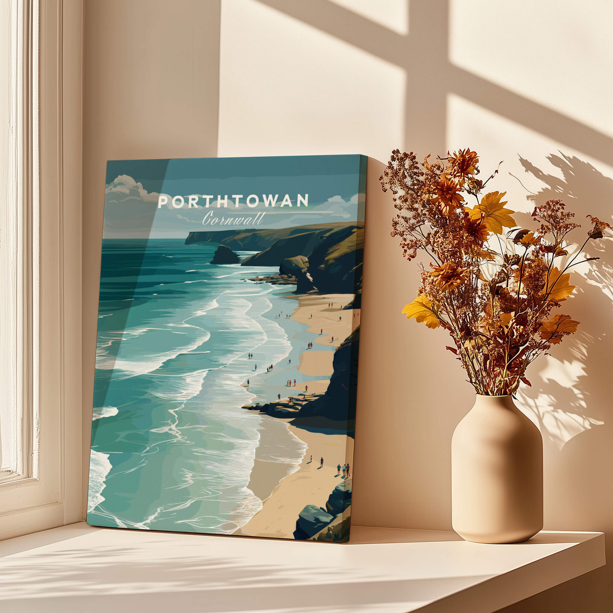 Porthtowan Cornwall Wall Art Print | Atlantic Coastline Beach Travel Poster showcasing the stunning beach and waves.