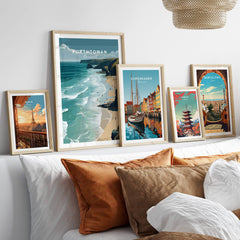 Porthtowan Cornwall Wall Art Print | Atlantic Coastline Beach Travel Poster displayed in a stylish home setting with other travel prints.