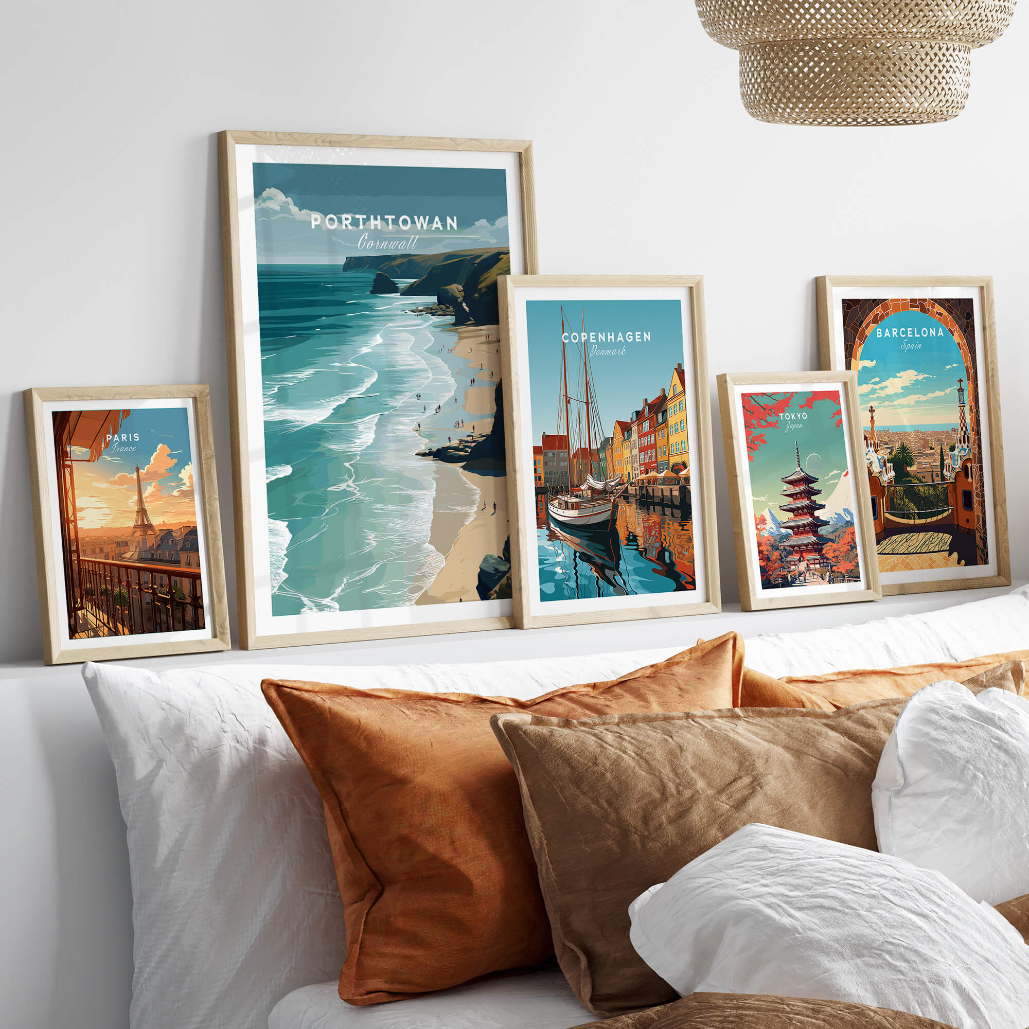 Porthtowan Cornwall Wall Art Print | Atlantic Coastline Beach Travel Poster displayed in a stylish home setting with other travel prints.
