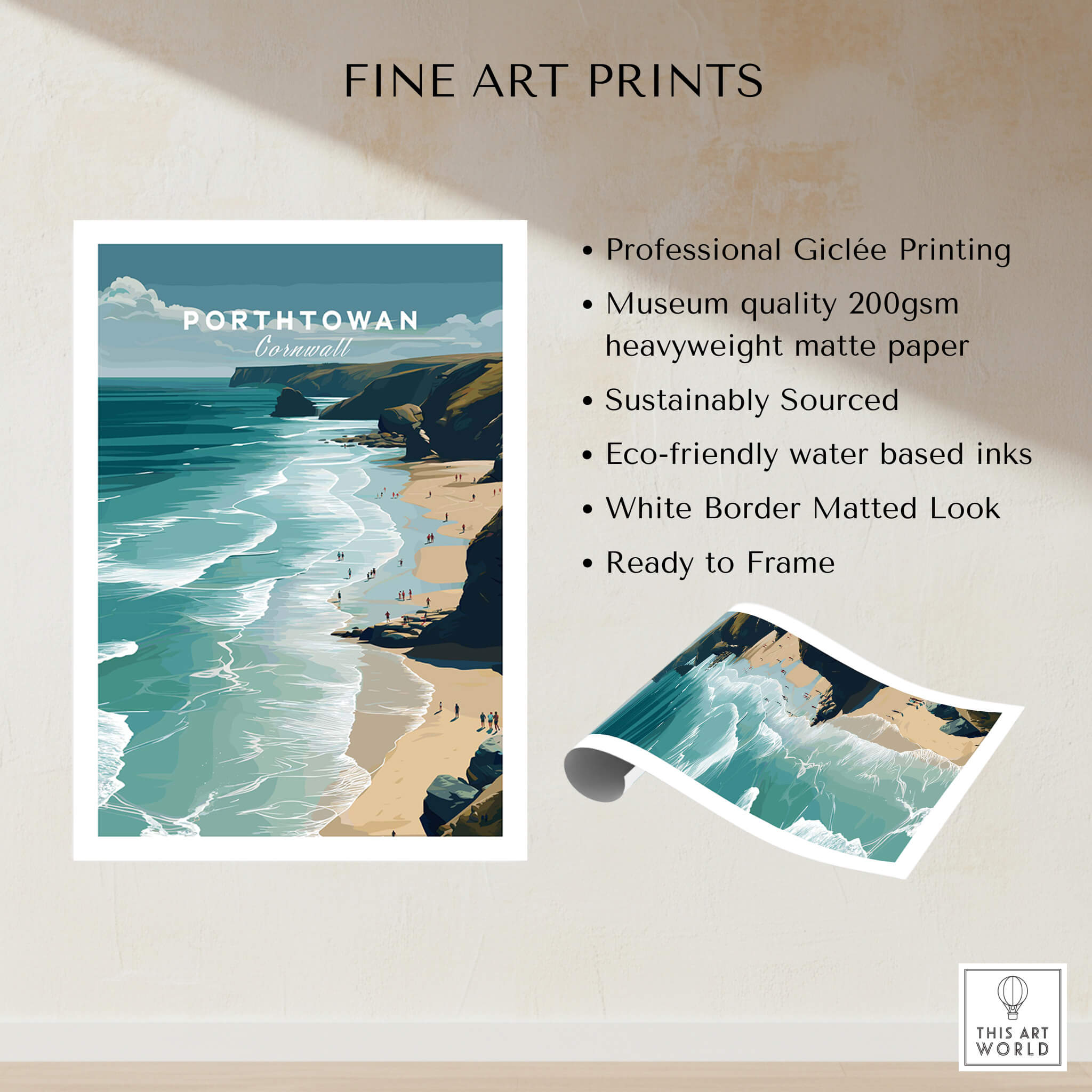 Porthtowan Cornwall Wall Art Print | Atlantic Coastline Beach Travel Poster showcasing stunning coastal scenery.
