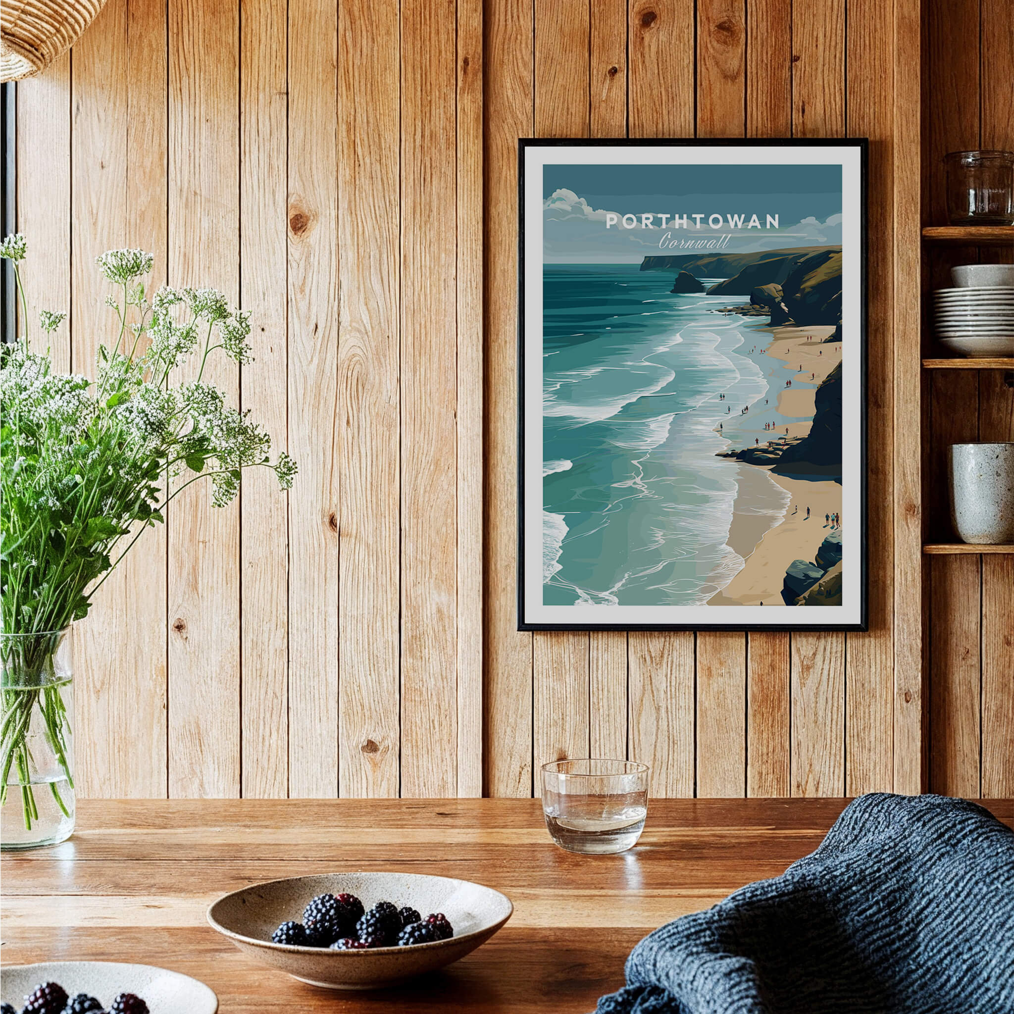Porthtowan Cornwall Wall Art Print | Atlantic Coastline Beach Travel Poster displayed in a cozy interior setting.