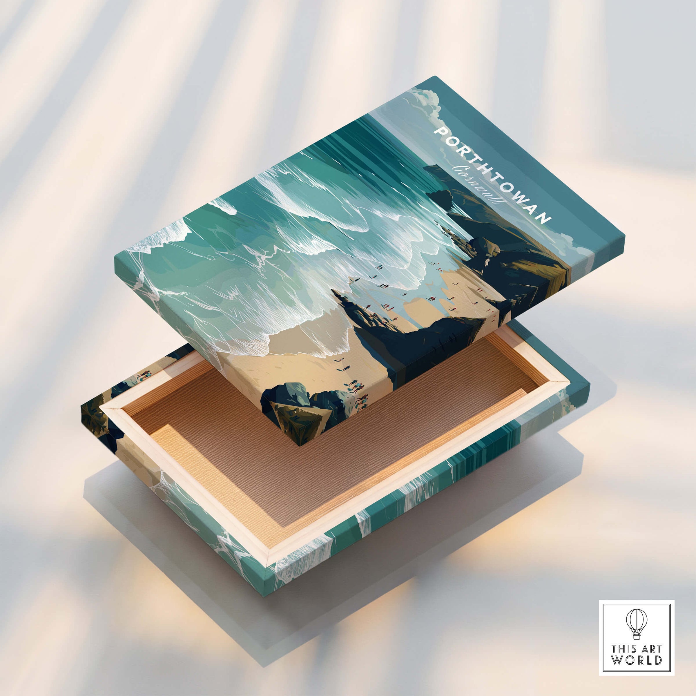 Porthtowan Cornwall Wall Art Print | Atlantic Coastline Beach Travel Poster design on an open box showcasing coastal scenery.