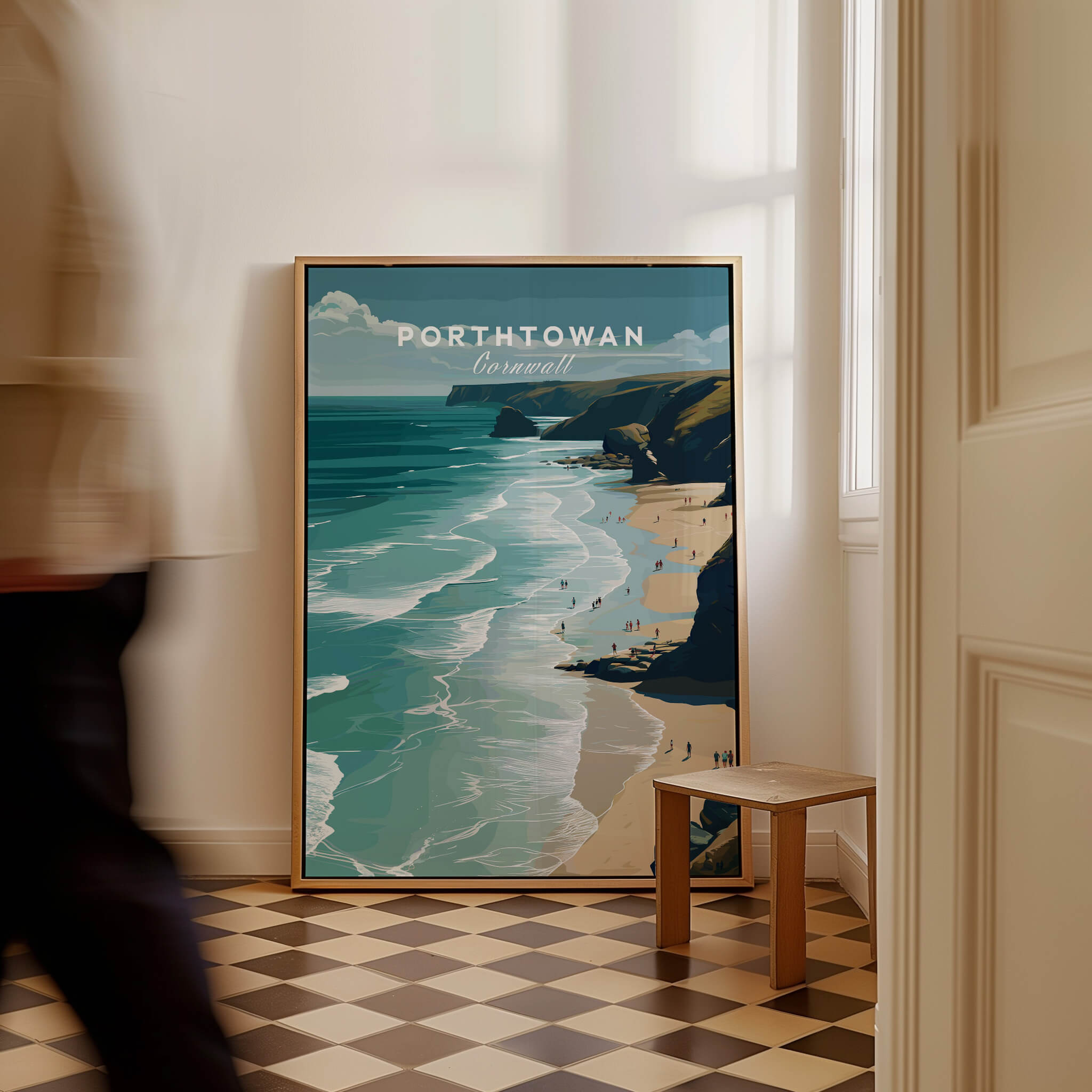 Porthtowan Cornwall Wall Art Print | Atlantic Coastline Beach Travel Poster showcasing coastal scenery in a stylish interior.