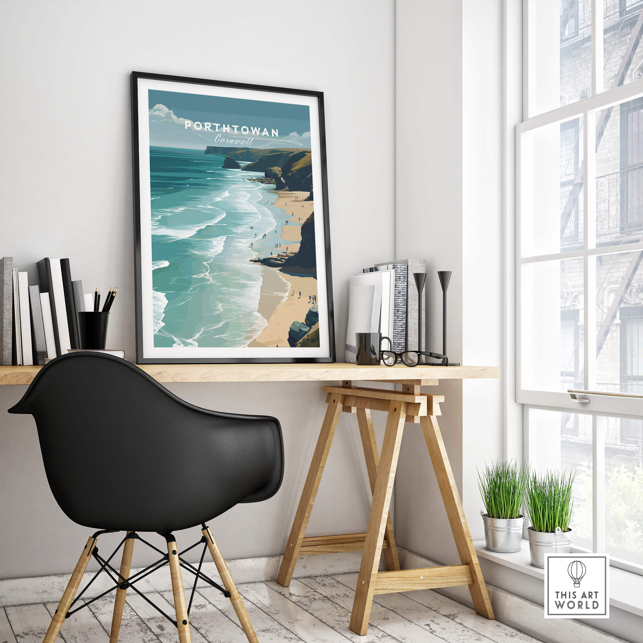 Porthtowan Cornwall Wall Art Print | Atlantic Coastline Beach Travel Poster displayed in a stylish interior decor setting.