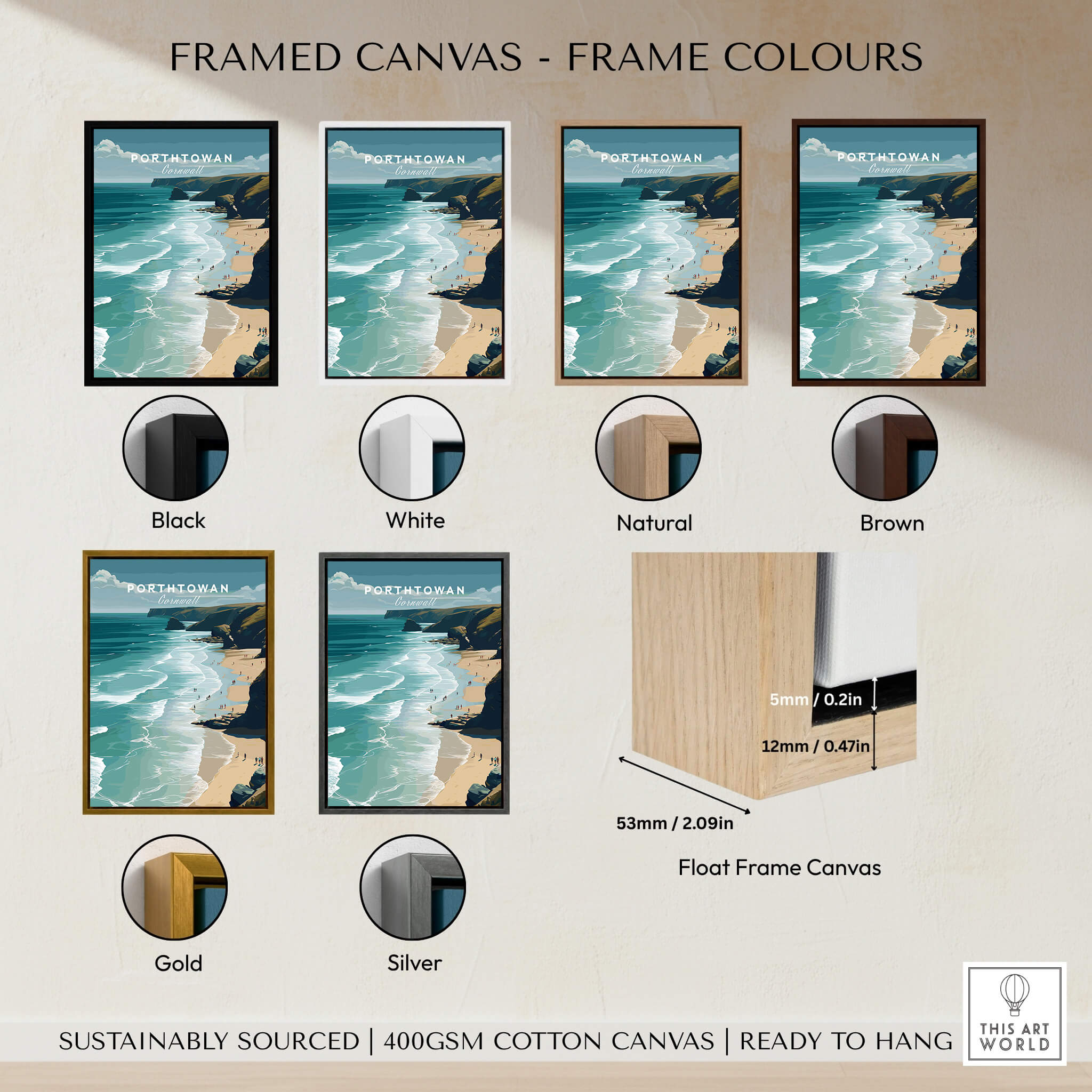 Framed canvas options for Porthtowan Cornwall Wall Art Print | Atlantic Coastline Beach Travel Poster showcasing colors and materials