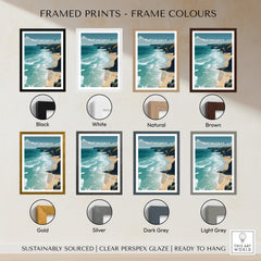 Porthtowan Cornwall Wall Art Print | Atlantic Coastline Beach Travel Poster framed prints in various colors.