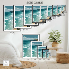 Porthtowan Cornwall Wall Art Print | Atlantic Coastline Beach Travel Poster size guide with various frame dimensions.