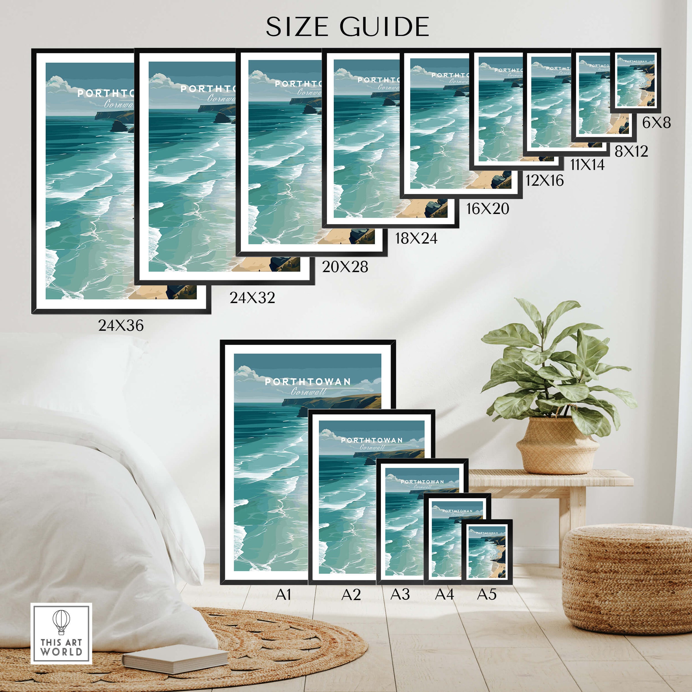 Porthtowan Cornwall Wall Art Print | Atlantic Coastline Beach Travel Poster size guide with various frame dimensions.
