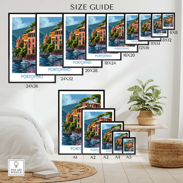 Size guide for Portofino Print showing various dimensions from A5 to 24x36, featuring vibrant landscape scenes of Italy's picturesque seaside town.