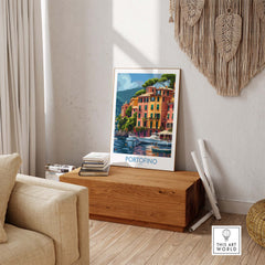 Portofino Print - Beautiful Scenes of Italys Seaside Town - Vibrant Travel Decor displayed in a cozy living room setting.