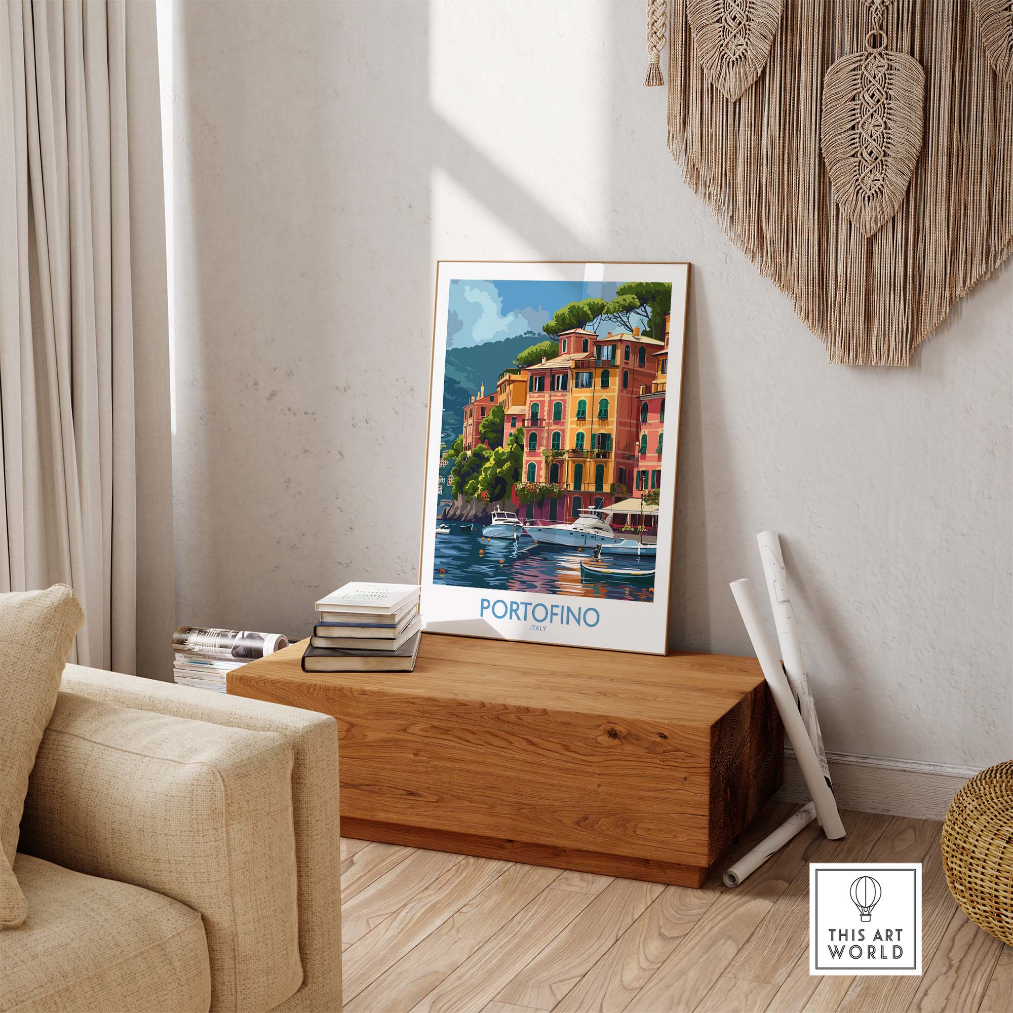 Portofino Print - Beautiful Scenes of Italys Seaside Town - Vibrant Travel Decor displayed in a cozy living room setting.