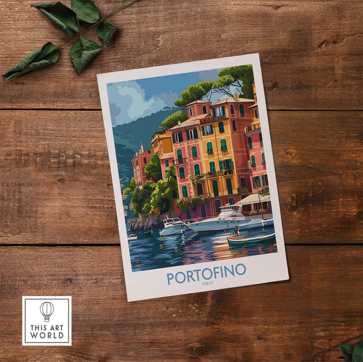 Portofino Print featuring vibrant seaside scene of Italy's picturesque town with colorful buildings and boats on a rustic wooden background.
