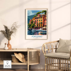 Portofino Print - Beautiful Scenes of Italys Seaside Town - Vibrant Travel Decor in a stylish interior setting.