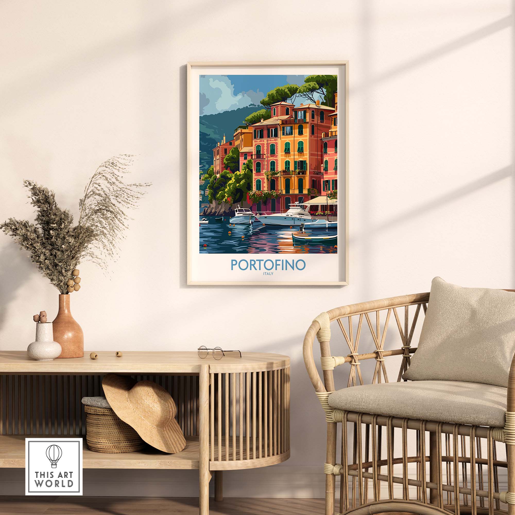 Portofino Print - Beautiful Scenes of Italys Seaside Town - Vibrant Travel Decor in a stylish interior setting.