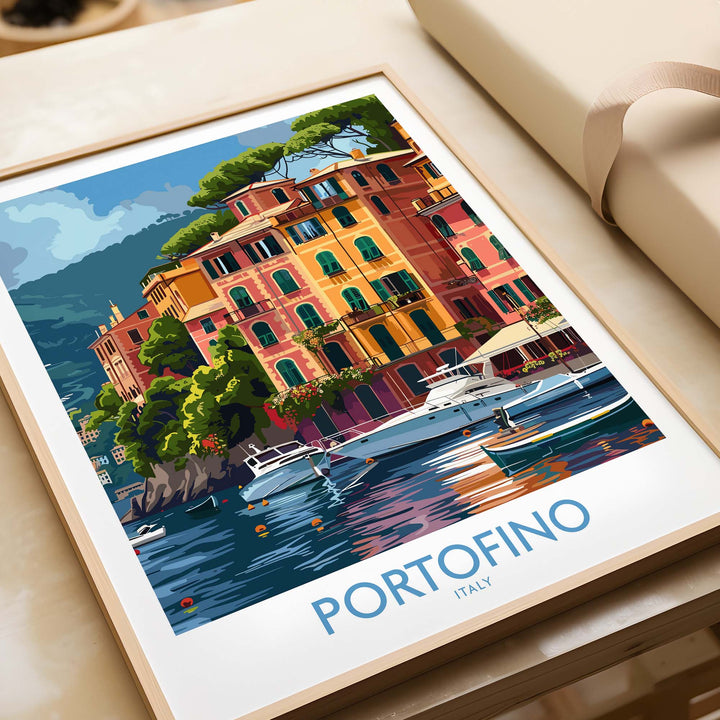 Portofino Print Italy - Vibrant travel decor featuring a picturesque seaside town with colorful buildings and boats on the water