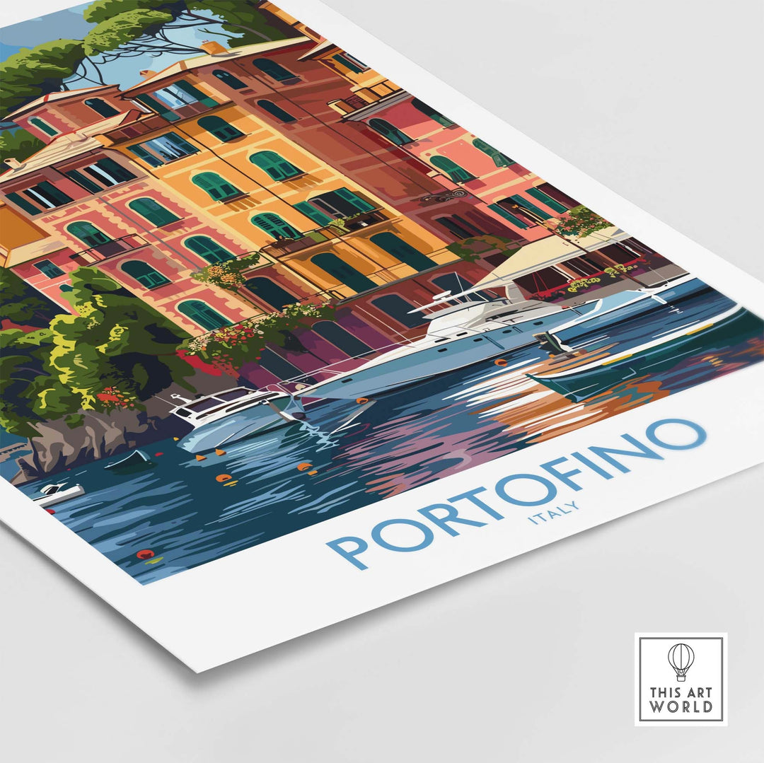 Portofino Print featuring vibrant seaside town scene with colorful buildings and boats, perfect travel decor for home.