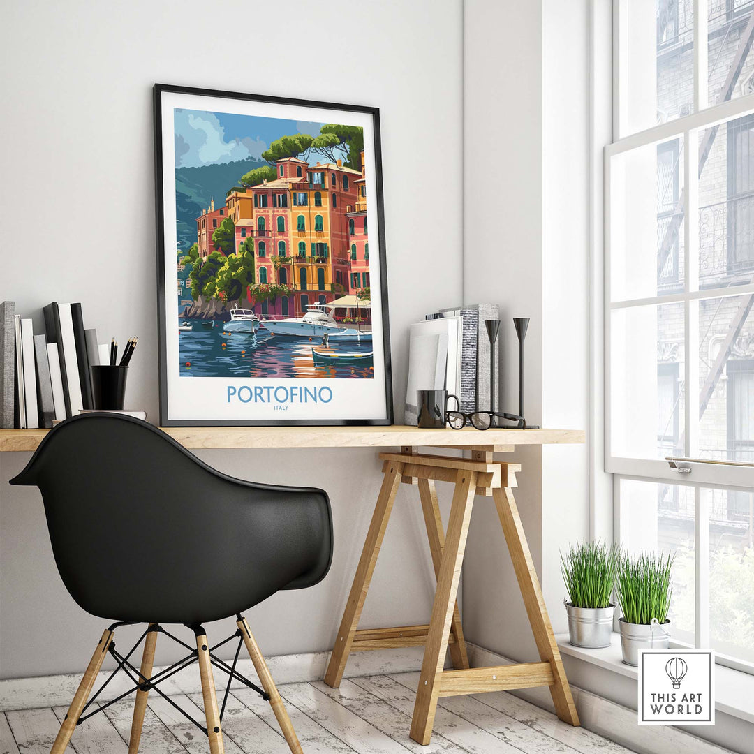 Portofino Print displayed in a stylish modern room, showcasing the vibrant seaside town in Italy's picturesque landscape.