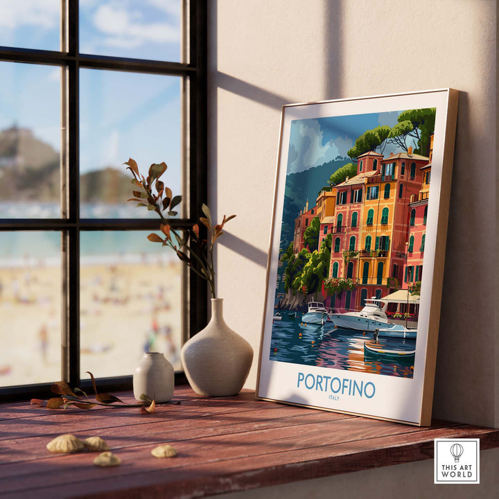 Portofino Print featuring vibrant seaside scene of Italy displayed on a windowsill, adding charm and cultural flair to the home decor.