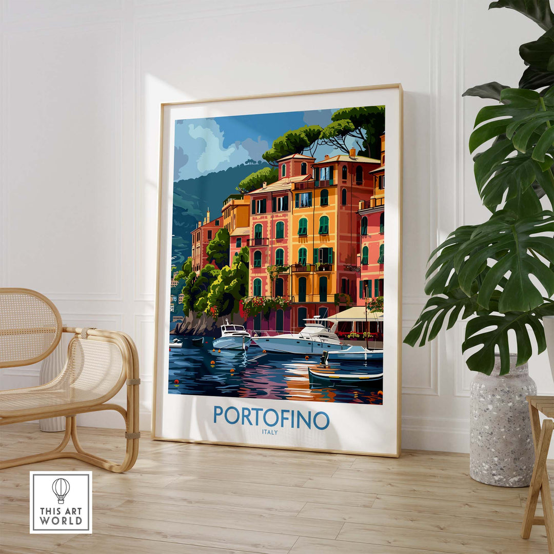 Portofino Print featuring vibrant scenes of Italy's seaside town in a modern home setting.