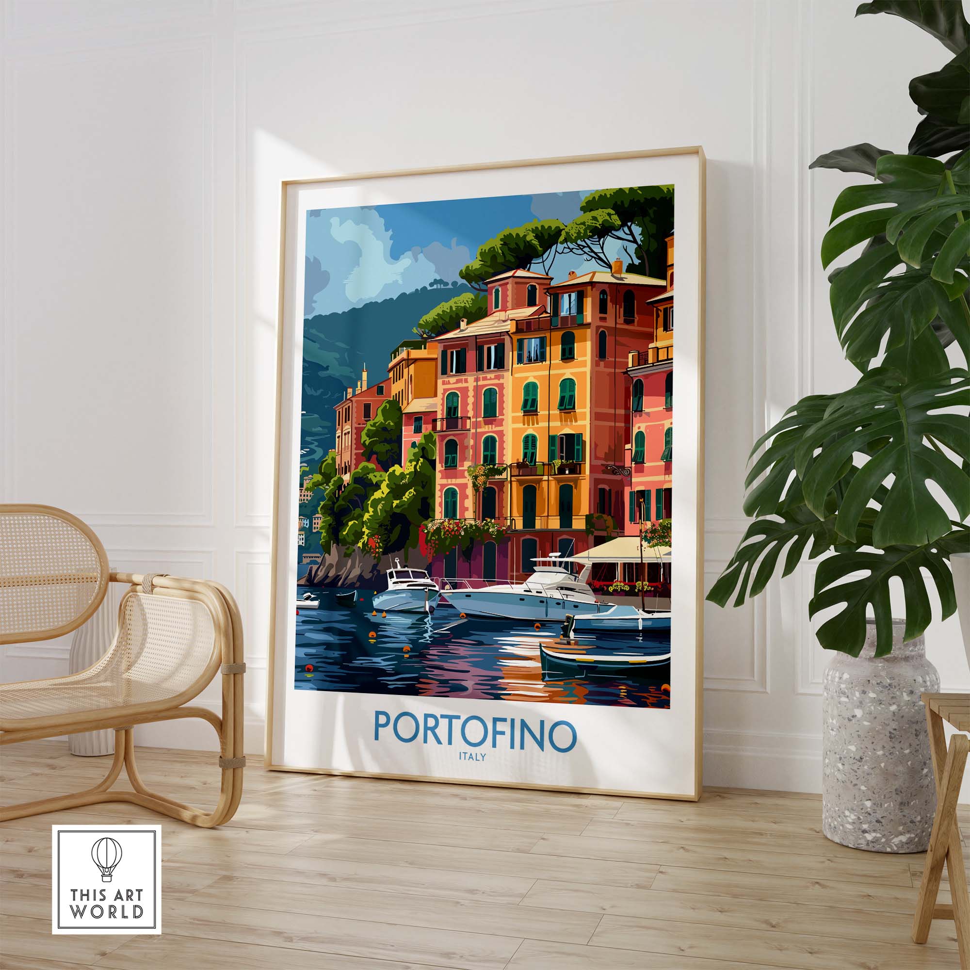 Portofino Print - Beautiful Scenes of Italys Seaside Town - Vibrant Travel Decor showcasing colorful seaside houses in Italy.