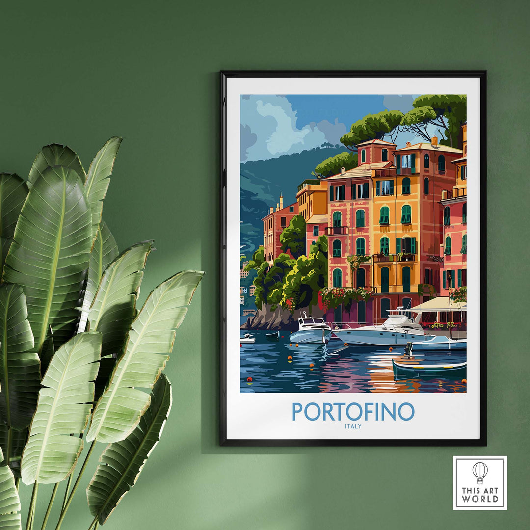 Portofino Print of Italy's seaside town with vibrant buildings and boats, framed and displayed on a wall