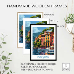 Handmade wooden frames showcasing the Portofino Print - Beautiful Scenes of Italys Seaside Town - Vibrant Travel Decor.