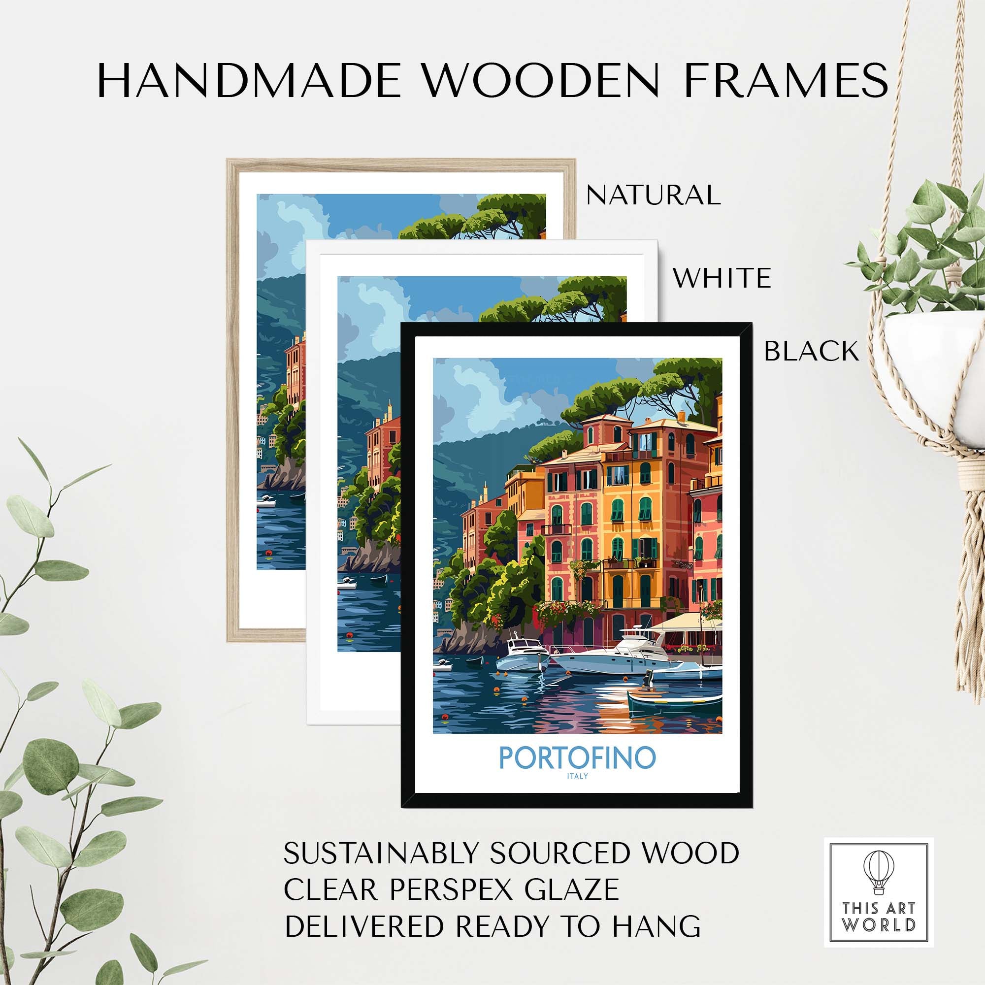 Handmade wooden frames showcasing the Portofino Print - Beautiful Scenes of Italys Seaside Town - Vibrant Travel Decor.
