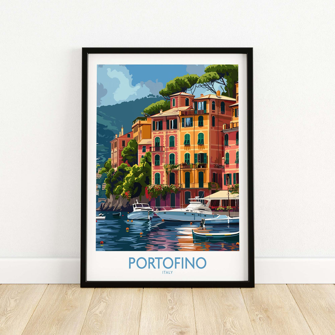 Framed Portofino Print featuring vibrant seaside town scene of Portofino, Italy with colorful buildings and boats.