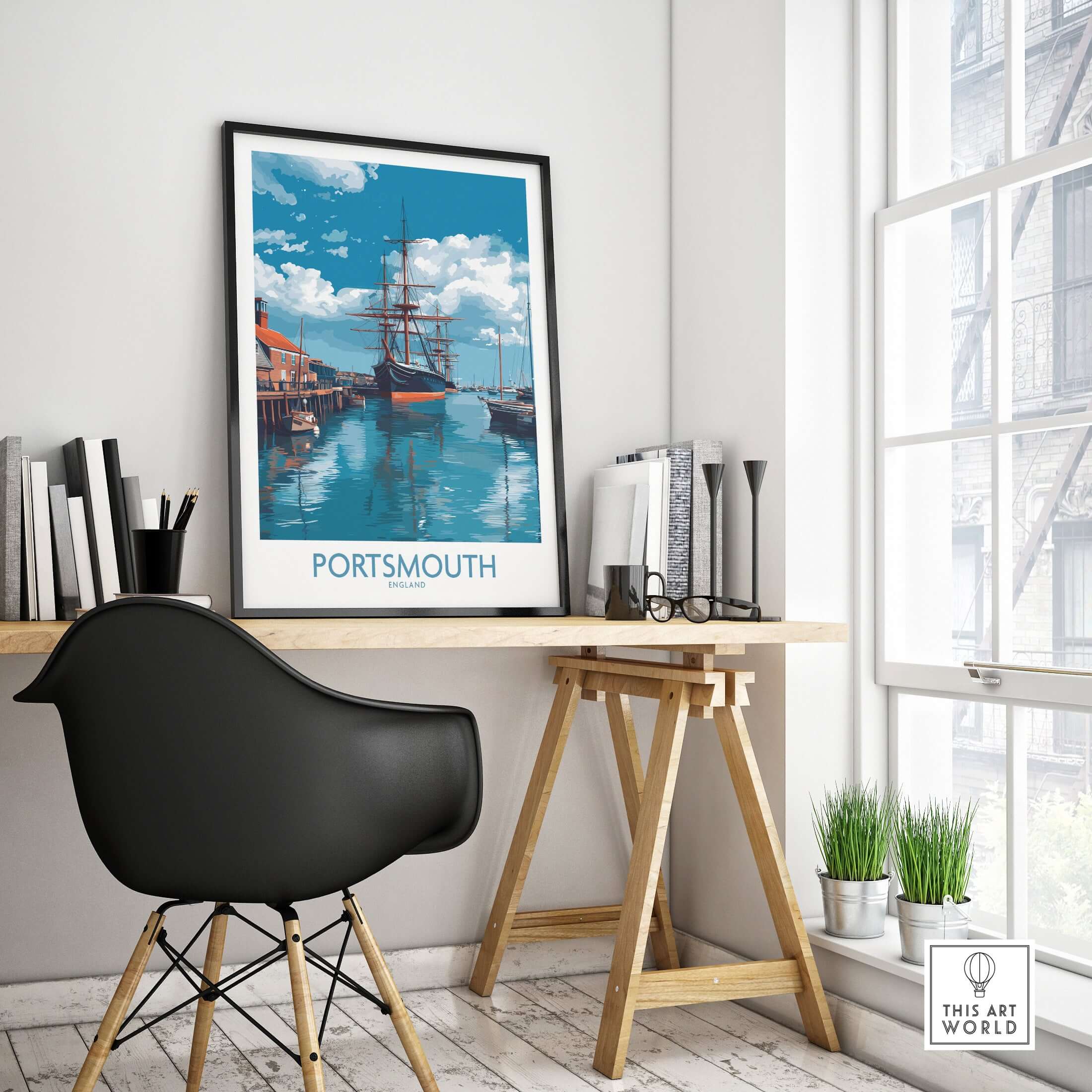 Portsmouth England Art Print | Naval Dockyard Poster displayed in a modern workspace, showcasing British maritime heritage.