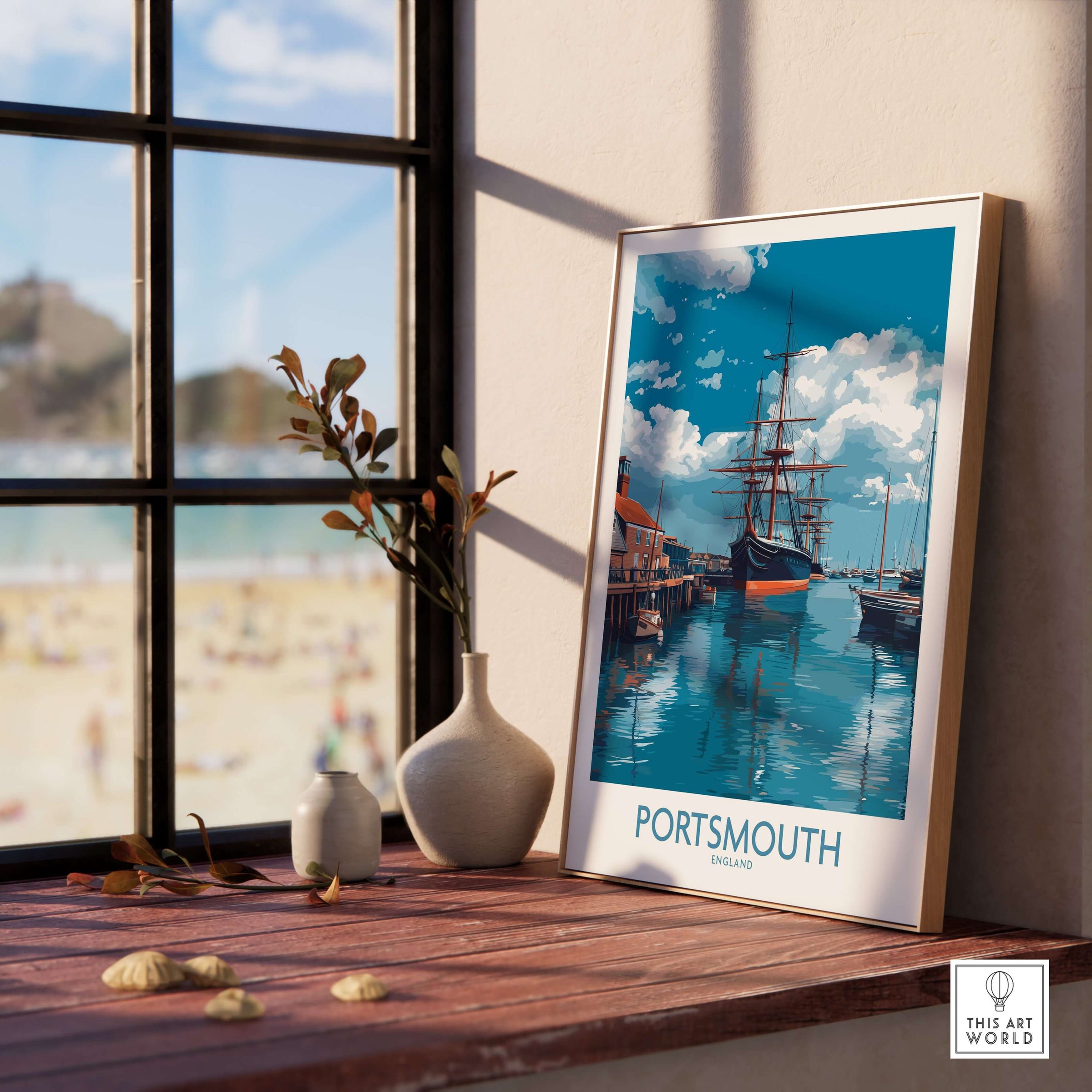 Portsmouth England Art Print | Naval Dockyard Poster displayed in a cozy interior setting with a view of the beach.