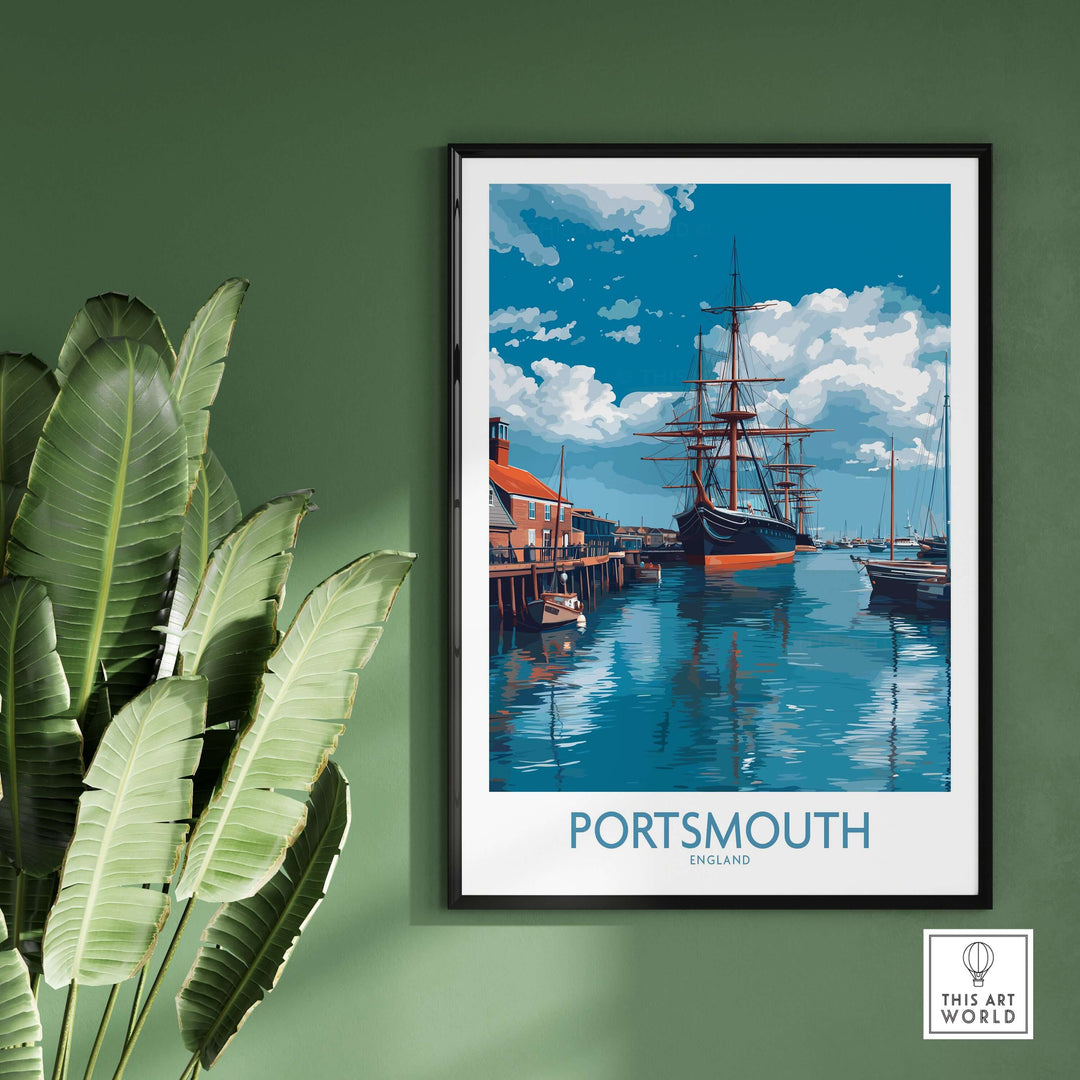 Portsmouth England Art Print | Naval Dockyard Poster featuring a vibrant waterfront scene with ships and blue skies.